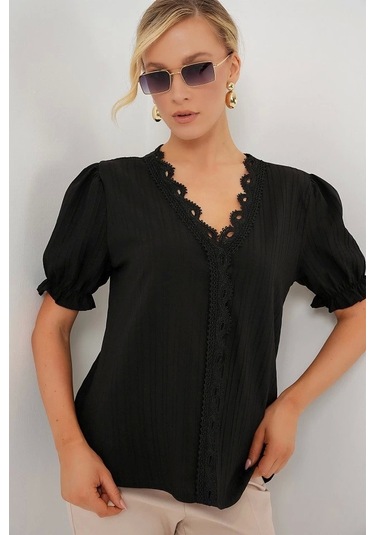 V Yaka Dantelli Bluz 956 - Siyah Si Yah