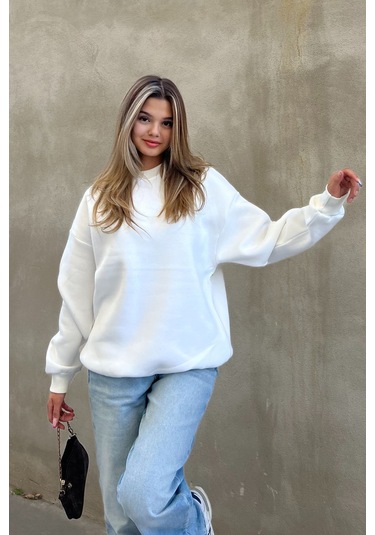 Şeker Pembe Basic Bisiklet Yaka Oversize Sweatshirt Beyaz