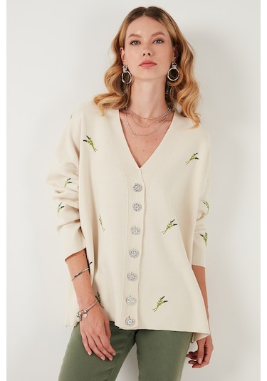 Lela Oversize Fit Desenli V Yaka Triko Bayan Hırka 4616193 Krem