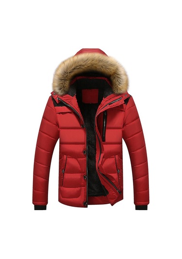 Erkek Polar Soğuk Dayanıklı Kapüşonlu Mont Kırmızı