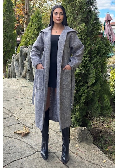 Antrasit Cepli, Balon Kol, Kemerli, Kalın Örgü Triko, Uzun Kaban Antrasit