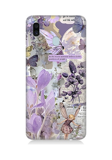 Samsung Galaxy A30 Uyumlu Mor Çiçekler Desenli Silikon Kılıf