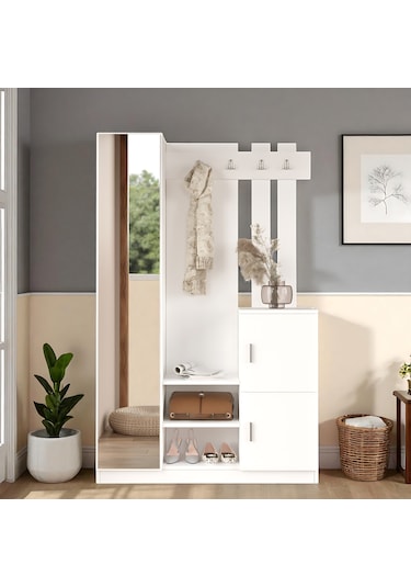 Robin Home Aynalı Vestiyer Portmanto Ayakkabılık Beyaz Beyaz