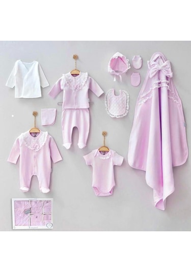 Candar Dantelli Kız Bebek 10 Parça Kız Bebek Hastane Çıkışı Kutulu Pembe