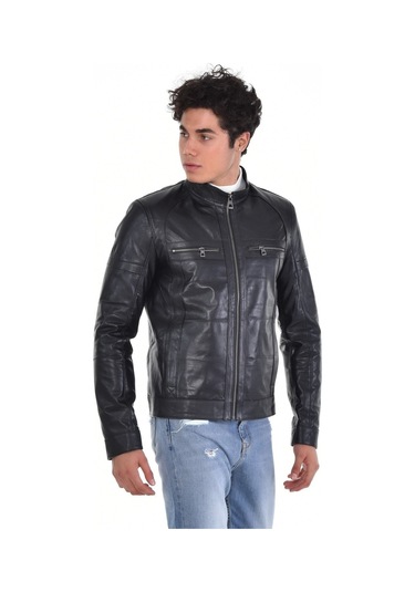Hakiki Deri Siyah Erkek Deri Mont Hakim Yaka Üst Ve Yandan Fermuarlı Cep Detaylı Deri Ceket Siyah