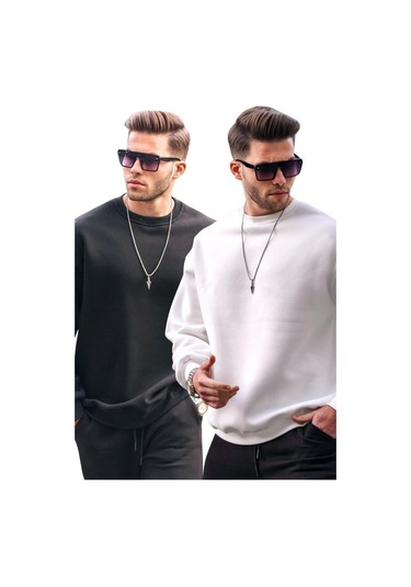 Madmext Siyah/beyaz Bisiklet Yaka Oversize Şardonlu Basic Erkek 2'li Paket Sweatshirt E7447 Siyah/beyaz