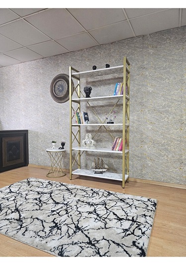 Gold Boyalı Kitaplık - 5 Raflı Suntalem Lüks Kitaplık Beyaz Merme Çok Renkli