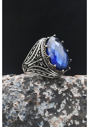 925 Ayar Gümüş Erkek Yüzük Lacivert Zirkon Taşlı 902016 Gümüş