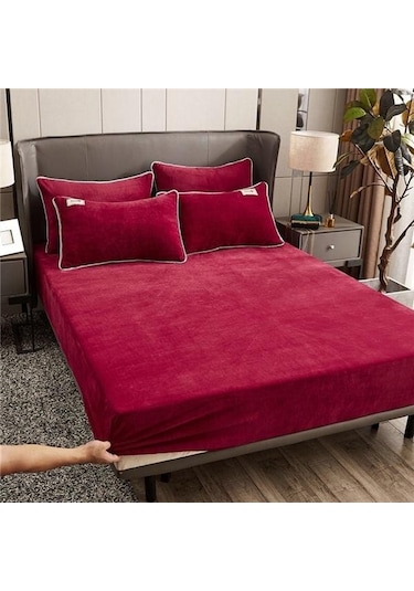 Şarap Kırmızısı Süper Sıcak Yumuşak Flanel Yatak Örtüsü 25 Cm Evrensel Yatak Koruyucu Ped Kris Kadife Lastikli Ç. K. Alez 56476939 Şarap Kırmızısı