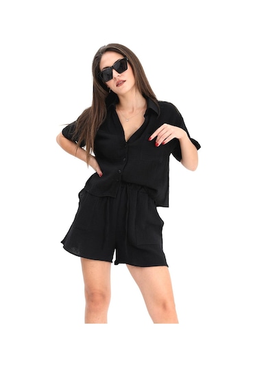 Takım Müslin Gömlek Şort - Siyah-siyah Siyah