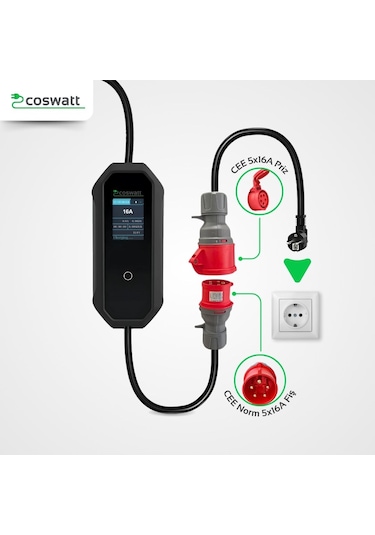Coswatt Elektrikli Araç Taşınabilir Şarj Istasyonu 11 Kw - 16A / Tip-2 / 5X16A Fiş / Trifaze / 5m / Çantalı / Ev Tipi Dönüştürücü Kablolu