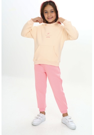 Toontoy Kız Çocuk Kapüşonlu Kanguru Cepli Nakışlı Eşofman Takım Pembe