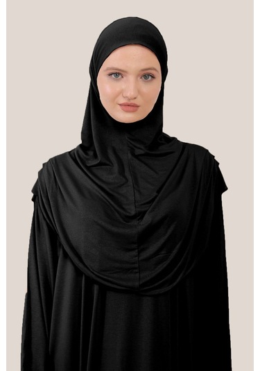 Tek Parça Tesettür Namaz Elbisesi Tak Çıkar Başörtülü Organik Pamuklu Lastikli Kolu Kaymaz Penye Siyah