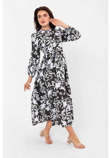 Yaprak Desenli Renkli Pamuklu Yazlık Baharlık Kuşaklı Elbise 2101 Siyah