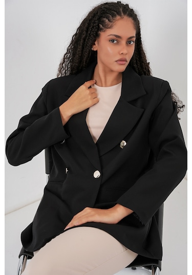 Kadın Kruvaze Yaka Blazer Ceket 0722 - Siyah