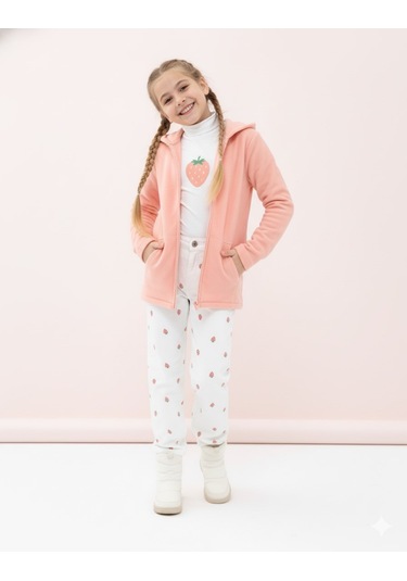 Kız Çocuk Pudra Polar Kapüşonlu Hırka Fermuarlı Uzun Kollu Yumuşak Çocuk Ceketi - Kız Çocuk Polar Hırka Pembe