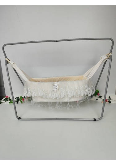 Anne Yanı Bebek Salıncağı Metal Hamak Taşınabilir Beşik Portatif Katlanır Pamuklu Taşıma Kundak Sütlü Kahve