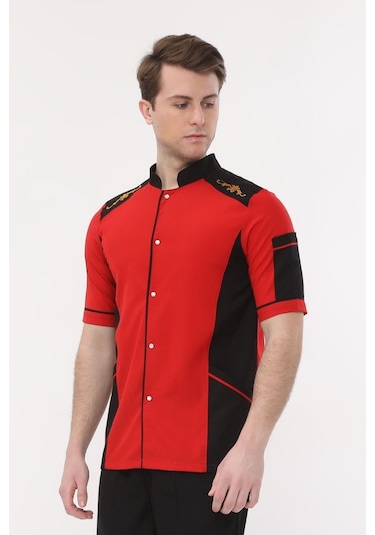 Uniprom Kısa Kollu Aşçı Ceketi Önlük Omuz Nakışlı Cepli Şef, Garson Kırmızı Siyah