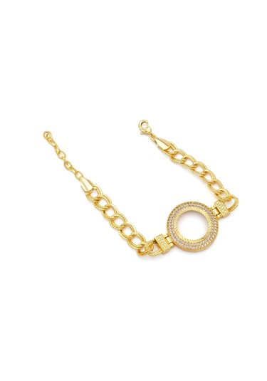 Altın Kaplama İmitasyon 2 Sıra Zirkon Taşlı Desenli Figaro Model Çeyrek Çerçeve Bileklik Blk-1159 Altın