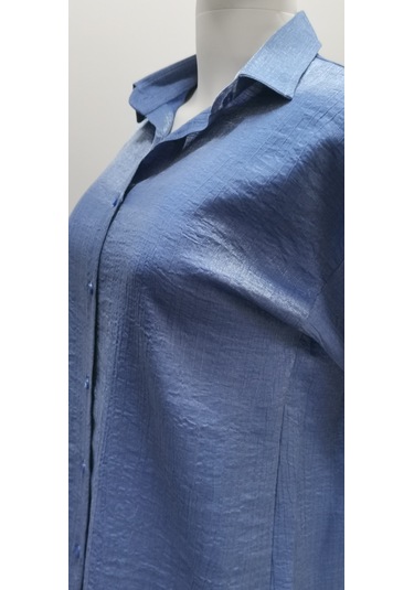 Kadın Uzun Kollu Salaş Kesim Parlak Simli Pamuk Gömlek Mavi