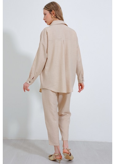 Kadın Bej Oversize Keten Alt Üst Takım 6622 6622bgd19-016-14414 001