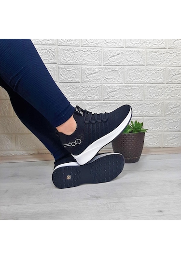 M.p 1669 Siyah İçten Gizli Topuk 7cm Taşlı Kadın Spor Ayakkabı 001