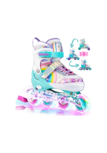 Unicorn Işıklı Paten Kask Koruma Seti 2+2 Gökkuşağı Kız Çocuk Pateni Silikon Teker,taşıma Çantalı 3