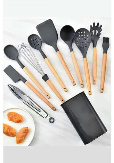 Siyah 11'li Bambu Saplı Silikon Servis Seti - Kepçe, Kevgir