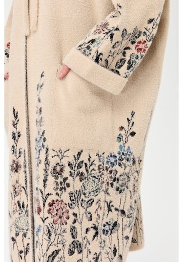 Kadın Triko Kırçiçeği Desenli Afrodit Panço Bej Bej