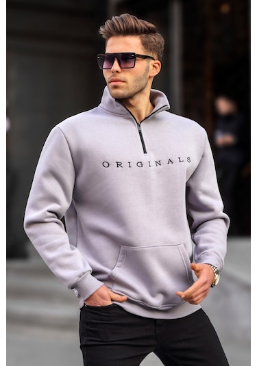 Madmext Boyalı Gri Fermuar Yaka Nakışlı Sweatshirt 6028 Boyalı Gri