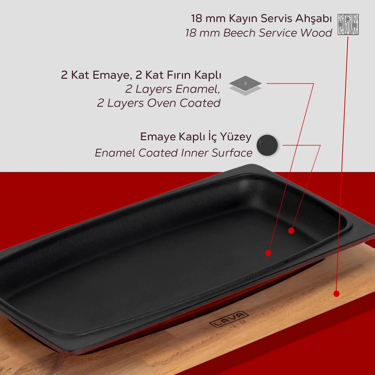 Lava Döküm Dikdörtgen Servis Tabağı Ve Kayın Servis Ahşabı. Ölçü 30x15cm. Bordo