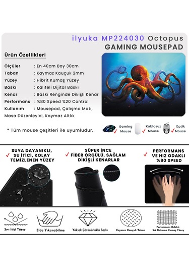 İlyuka 40x30cm Gaming Oyuncu Mousepad Octopus Mp224030