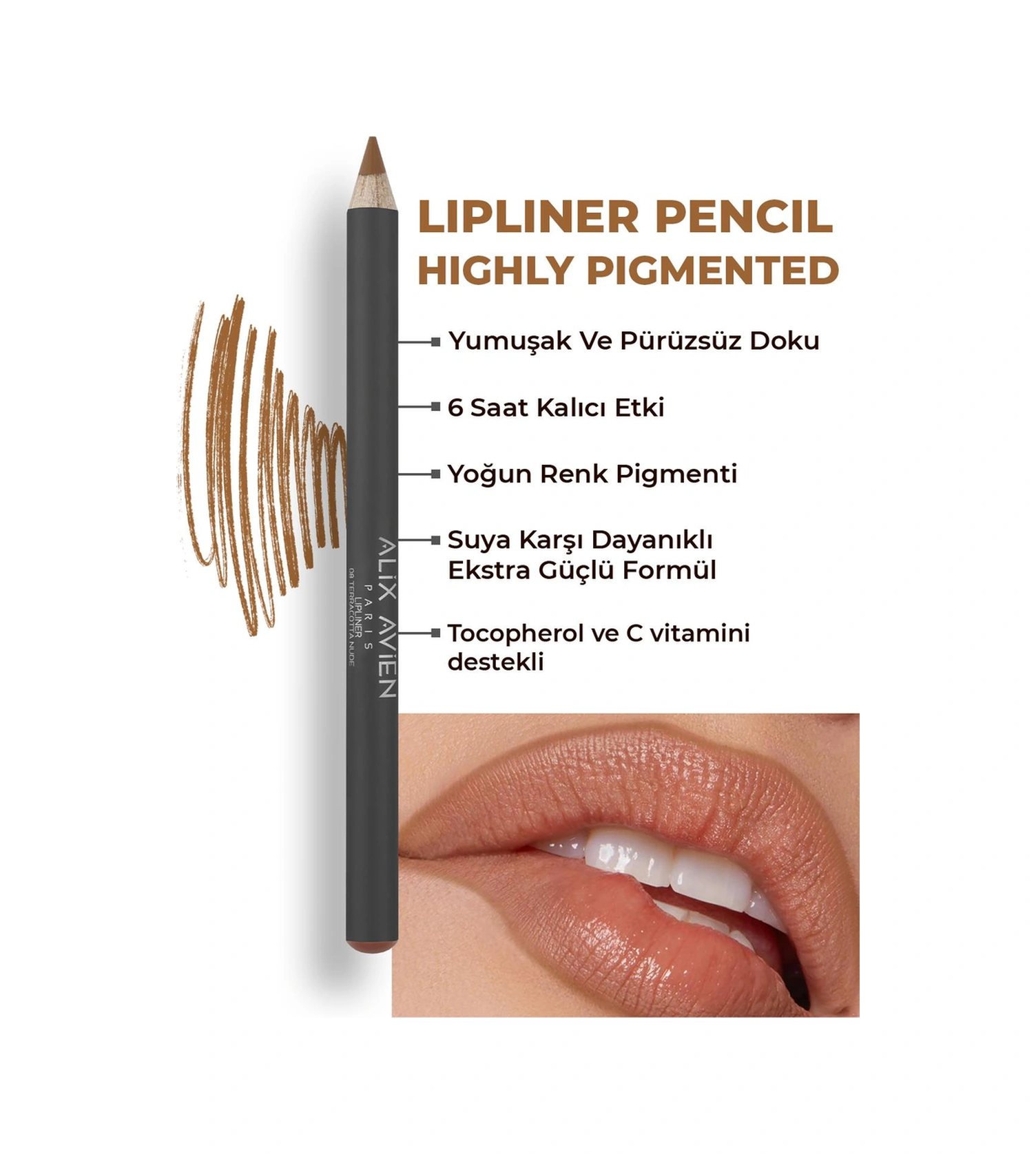 Alix Avien Uzun Süre Kalıcı Dağılma Yapmayan Nemlendirici Dudak Kalemi Lipliner Pencil 08 Terracotta Nude