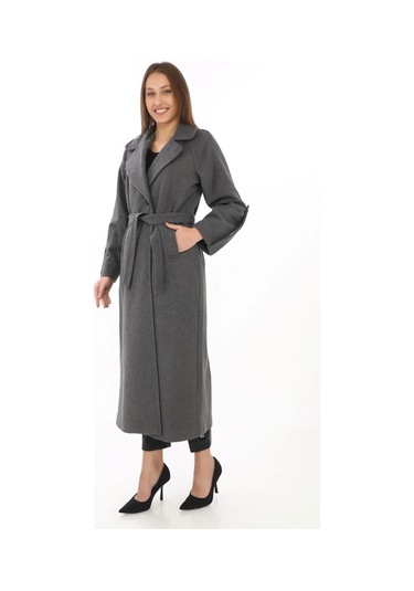 Kadın Uzun Kaşe Kaban Yünlü Dokuma Kaşmir Kumaş, Kruvaze Yaka, Kuşaklı Astarlı Tesettür Uyumlu Şık Füme