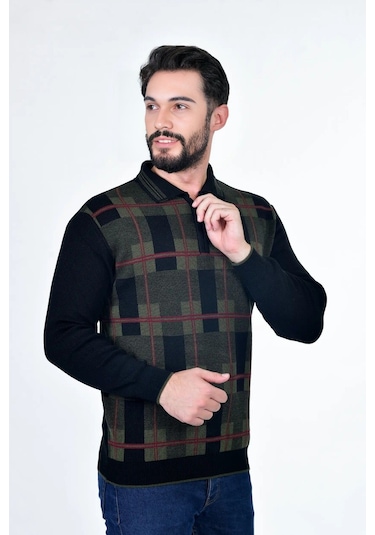 Kamalı Erkek Çelik Örgü Oduncu Desenli Gömlek Yaka Fermuarlı Polo Yakalı Tüylenmez Triko Kışlık Baba Kazak Siyah
