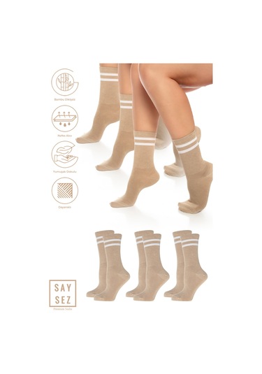 Bambu Unisex Tenis Kolej Çizgili Premium Bej Vizon Dikişsiz Soket Çorap 3'lü Paket Bej