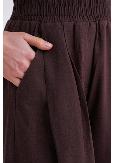 4682 Kadın Beli Lastikli Jogger Bol Keten Pantolon Kahve Kahve