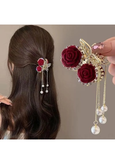 Dofolink Bordo Floklu Gül Ve İmitasyon İpek Tasselli, Taşlı Altın Renkli Saç Klipsi - Günlük Ve Fotoğraf İçin Zengin Retro Stili Çok Renkli