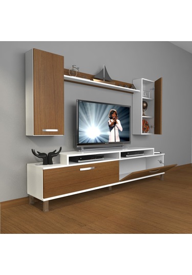 Decoraktiv Ekoflex 7 Slm Krom Ayaklı Tv Ünitesi Tv Sehpası Beyaz - Ceviz