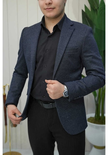 Bys Beystil Sivri Yaka Lacivert Kırçıllı Ceket 50675- Slim Fit