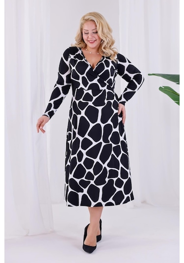 Kadın Siyah Beyaz Taş Desen Kruvaze Yaka Büyük Beden Esnek Maxi Elbise Siyah