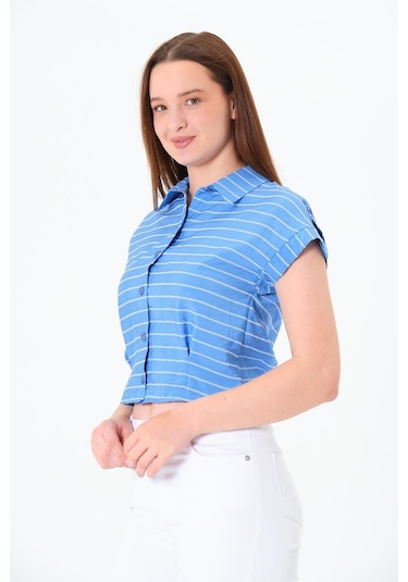 Sortie Collection Pileli Çizgili Gömlek Mavi