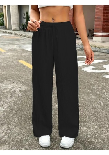 Modasize Kadın Yüksek Bel Bol Paça Bürümcük Pantolon Siyah