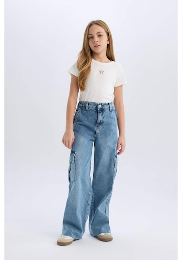 DeFacto Kız Çocuk Wide Leg Kargo Geniş Bol Paça Pamuklu Jean Pantolon D7089A825SPNM39 Mavi DeFacto Kız Çocuk Wide Leg Kargo Geniş Bol Paça Pamuklu Jean Pantolon D7089A825SPNM39 Mavi
