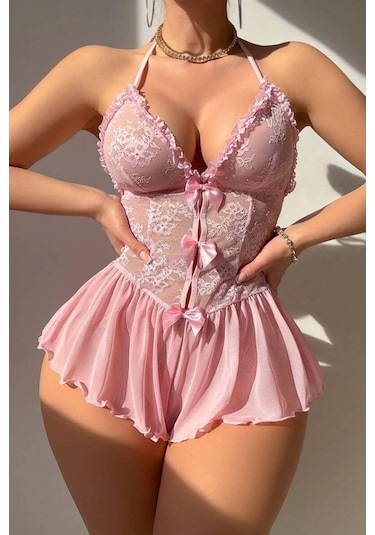 Bella Notte Tek Parça Toz Pembe Fiyonk Ve Fırfır Detaylı Gecelik