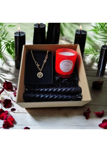 Denic Hediye Seti Kokulu Kırmızı Bardak Mum Yaşam Agacı Kolye Burgulu Mum