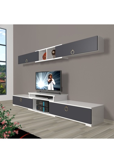 Decoraktiv Flex 5 Mdf Gold Tv Ünitesi Tv Sehpası Beyaz - Antrasit