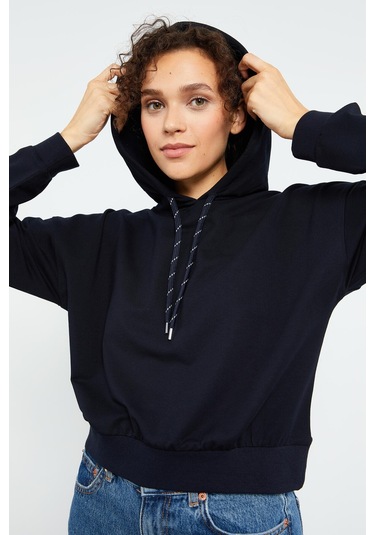 Tommy Life Lacivert Uzun Kol Rahat Form Kapüşonlu Kadın Sweatshirt - 97115 Lacivert