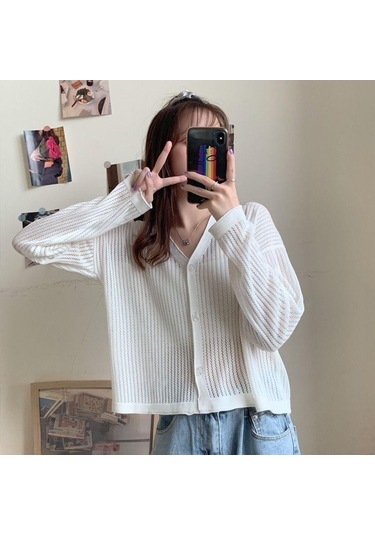 Beyaz Kadın İlkbahar Ve Yaz V Yaka Delikli Uzun Kollu Klimalı Gömlek İçin İnce Örgü Güneş Koruyucu Hırka Ceket Beyaz