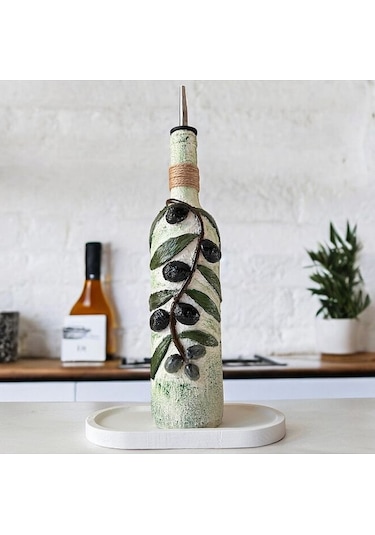 El Yapımı Kabartma Seramik Uygulamalı Zeytin Dalı Desenli Cam Şişe Sirkelik-yağdanlık, Mutfak Dekor Çok Renkli